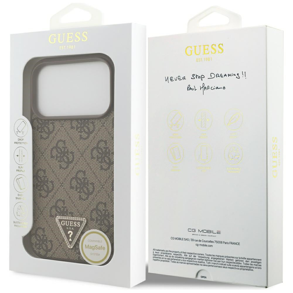 Husă Guess Leather 4G Triangle Strass MagSafe pentru iPhone 17 Pro Max – maro (GUHMP17XP4TDPLW) — imagine 7