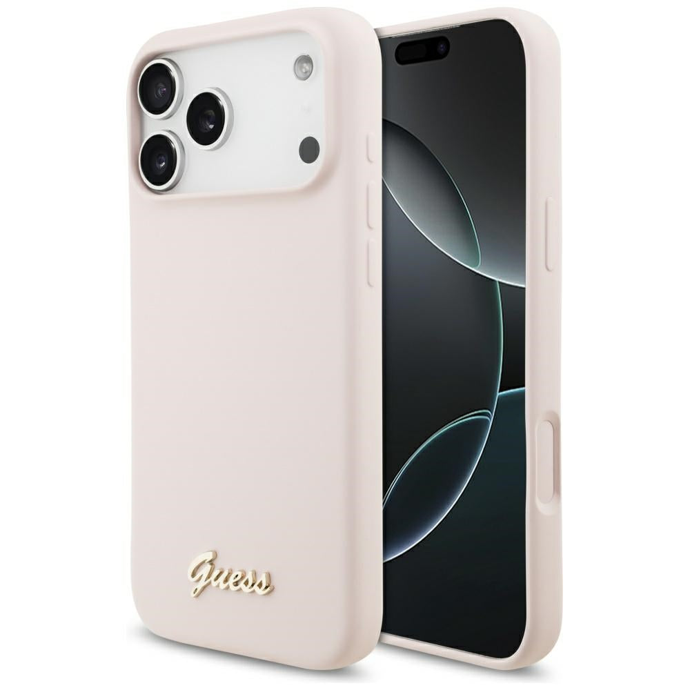 Husă Guess Silicone Script Metal Logo MagSafe pentru iPhone 17 Pro Max – roz deschis — imagine 1