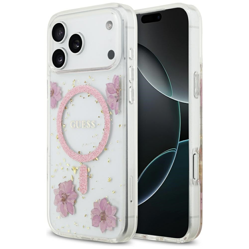 Husă Guess Resin Flowers and Glitter MagSafe pentru iPhone 17 Pro Max – roz (GUHMP17XRBFGFGMP) — imagine 1