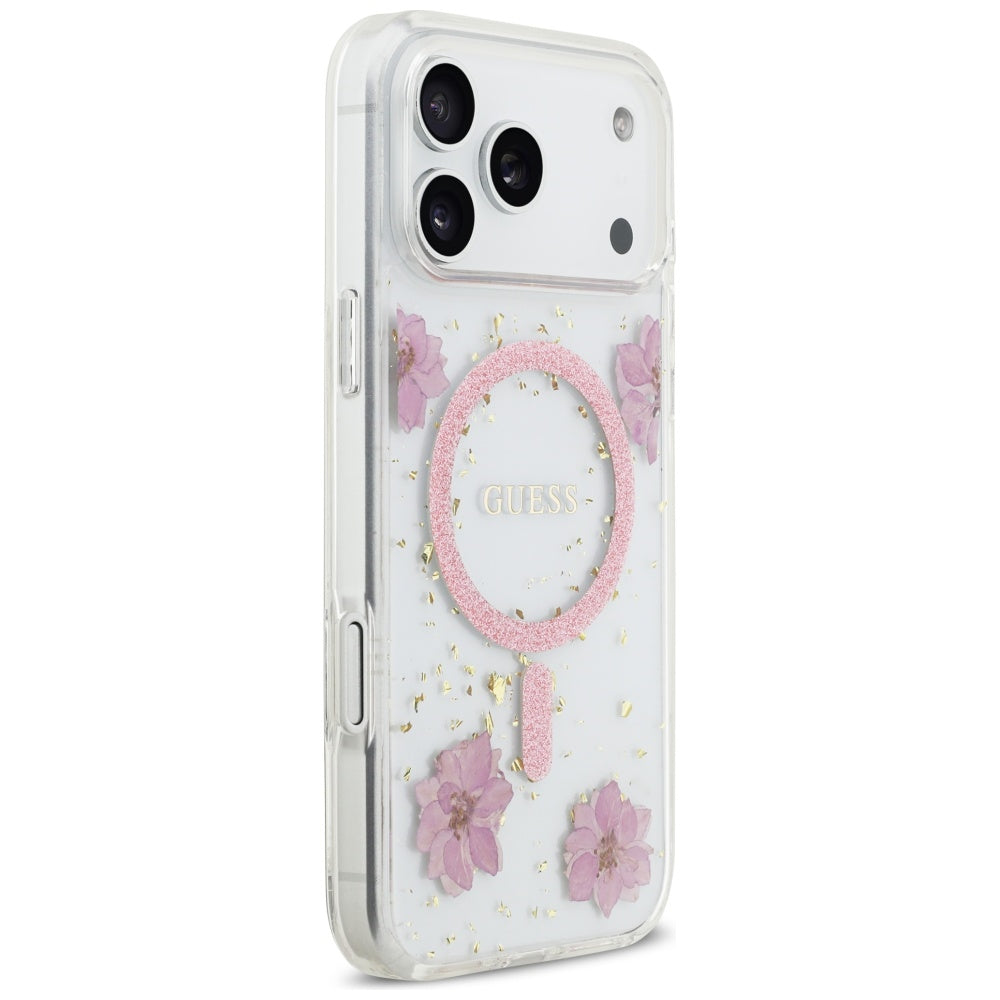 Husă Guess Resin Flowers and Glitter MagSafe pentru iPhone 17 Pro Max – roz (GUHMP17XRBFGFGMP) — imagine 3