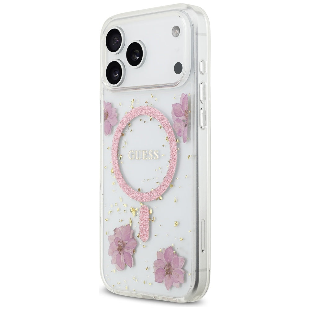 Husă Guess Resin Flowers and Glitter MagSafe pentru iPhone 17 Pro Max – roz (GUHMP17XRBFGFGMP) — imagine 5