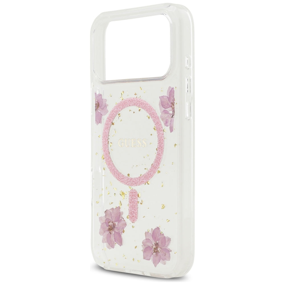 Husă Guess Resin Flowers and Glitter MagSafe pentru iPhone 17 Pro Max – roz (GUHMP17XRBFGFGMP) — imagine 6