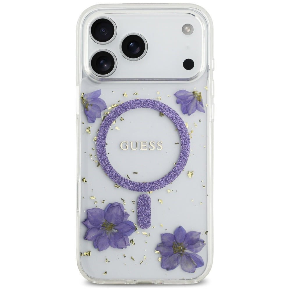 Husă Guess Resin Flowers and Glitter MagSafe pentru iPhone 17 Pro Max – mov (GUHMP17XRBFGFGMU) — imagine 2