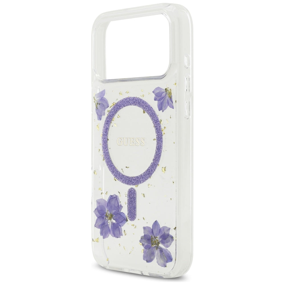 Husă Guess Resin Flowers and Glitter MagSafe pentru iPhone 17 Pro Max – mov (GUHMP17XRBFGFGMU) — imagine 4