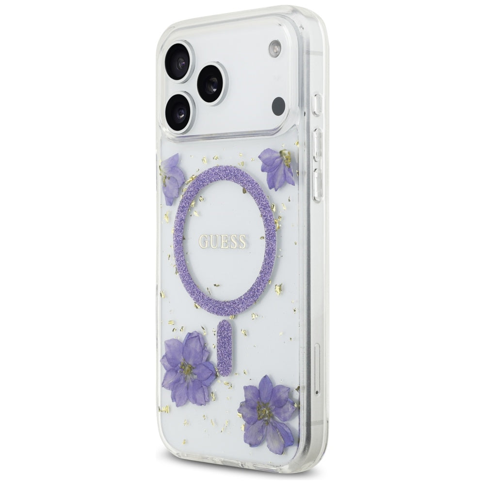 Husă Guess Resin Flowers and Glitter MagSafe pentru iPhone 17 Pro Max – mov (GUHMP17XRBFGFGMU) — imagine 5