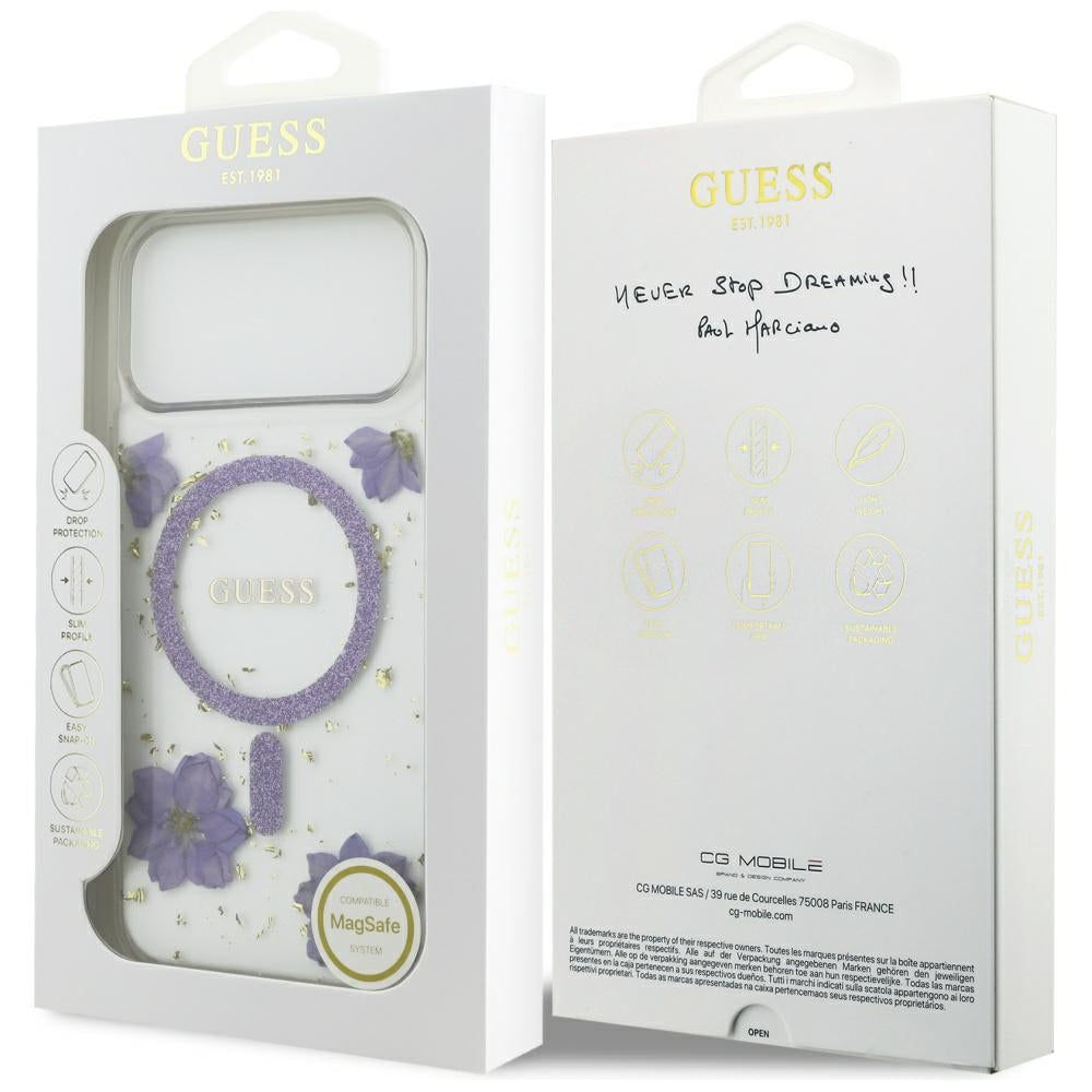 Husă Guess Resin Flowers and Glitter MagSafe pentru iPhone 17 Pro Max – mov (GUHMP17XRBFGFGMU) — imagine 7