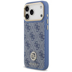 Husă Guess 4G Strass Logo with Big Strap Metal Button MagSafe pentru iPhone 17 Pro Max – albastru — imagine 4