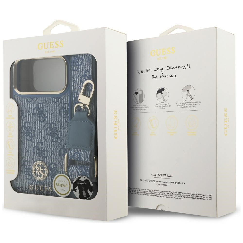 Husă Guess 4G Strass Logo with Big Strap Metal Button MagSafe pentru iPhone 17 Pro Max – albastru — imagine 7
