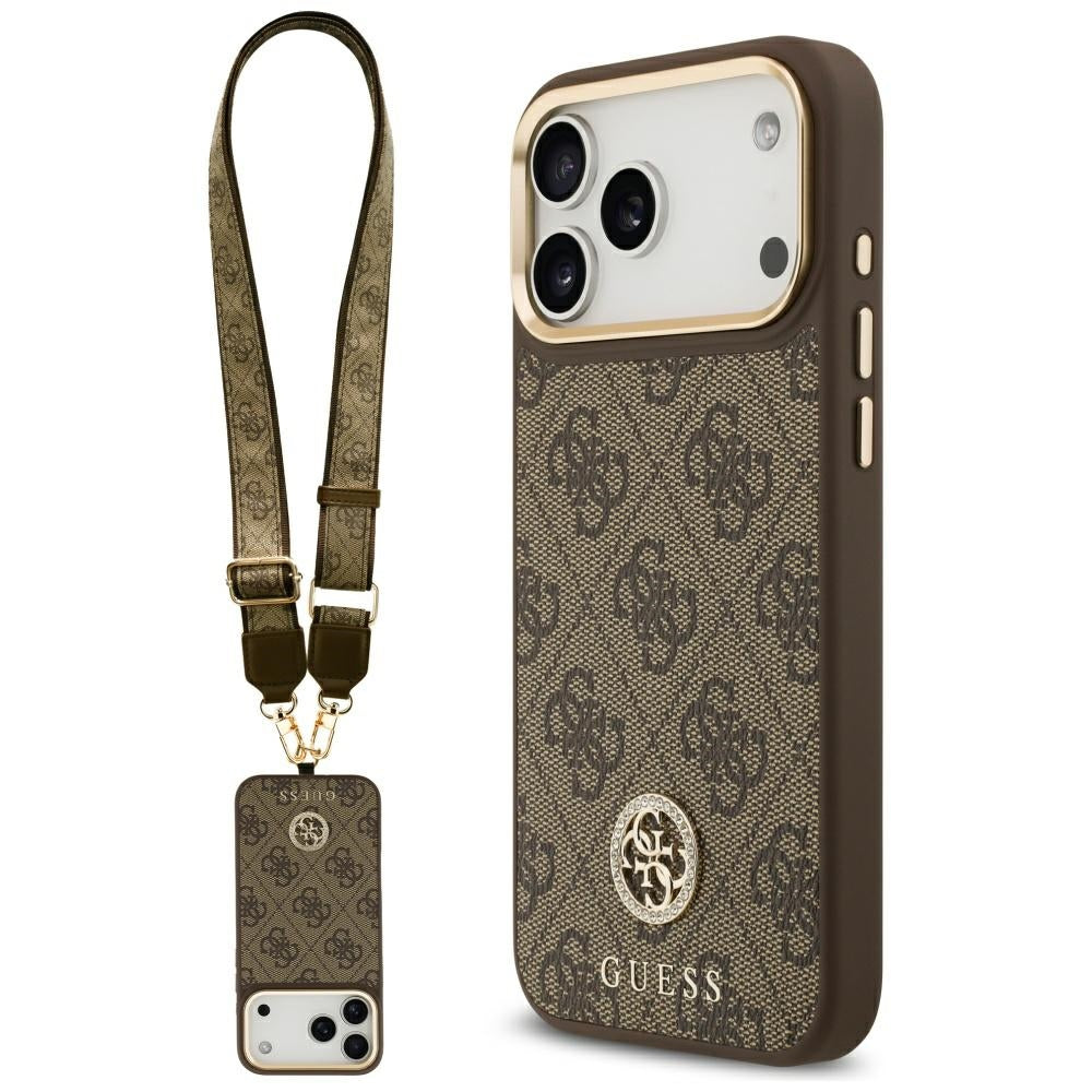 Husă Guess 4G Strass Logo with Big Strap Metal Button MagSafe pentru iPhone 17 Pro Max – maro — imagine 1
