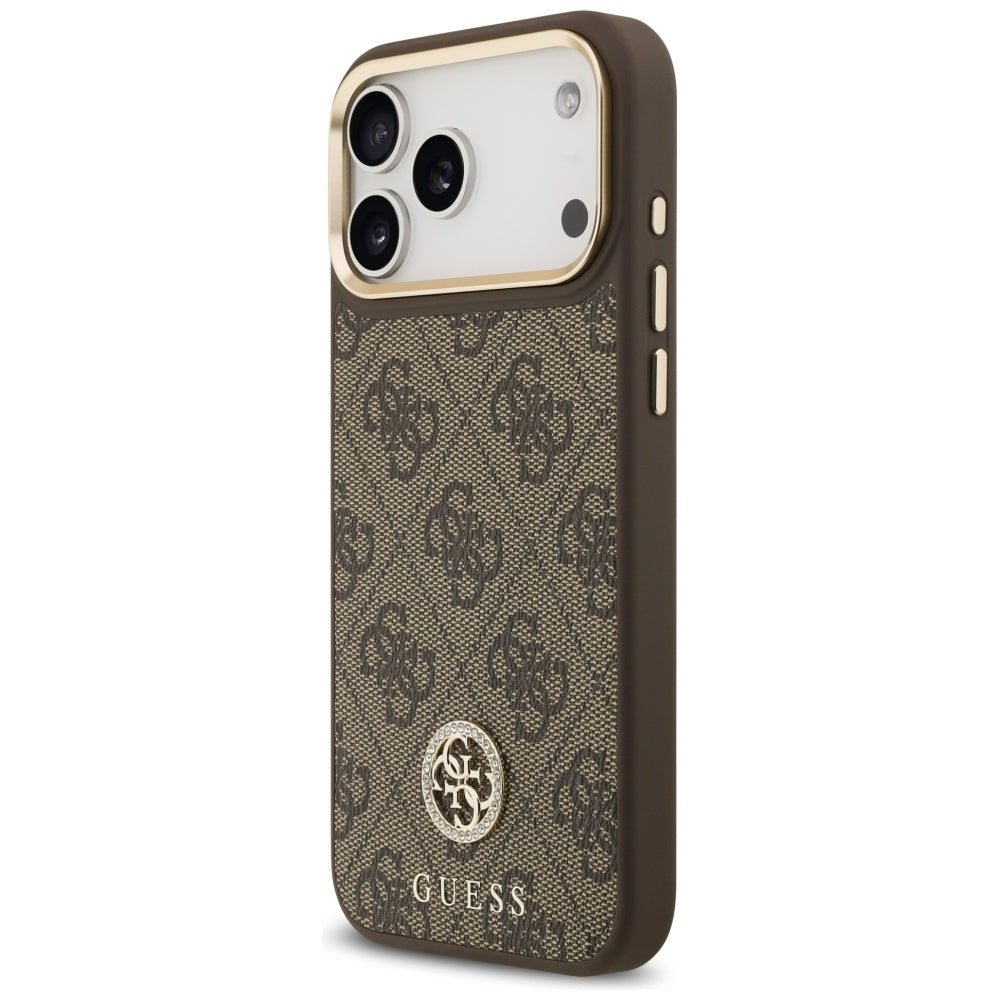 Husă Guess 4G Strass Logo with Big Strap Metal Button MagSafe pentru iPhone 17 Pro Max – maro — imagine 4