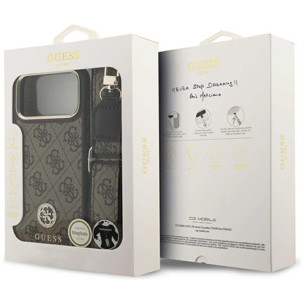 Husă Guess 4G Strass Logo with Big Strap Metal Button MagSafe pentru iPhone 17 Pro Max – maro — imagine 7