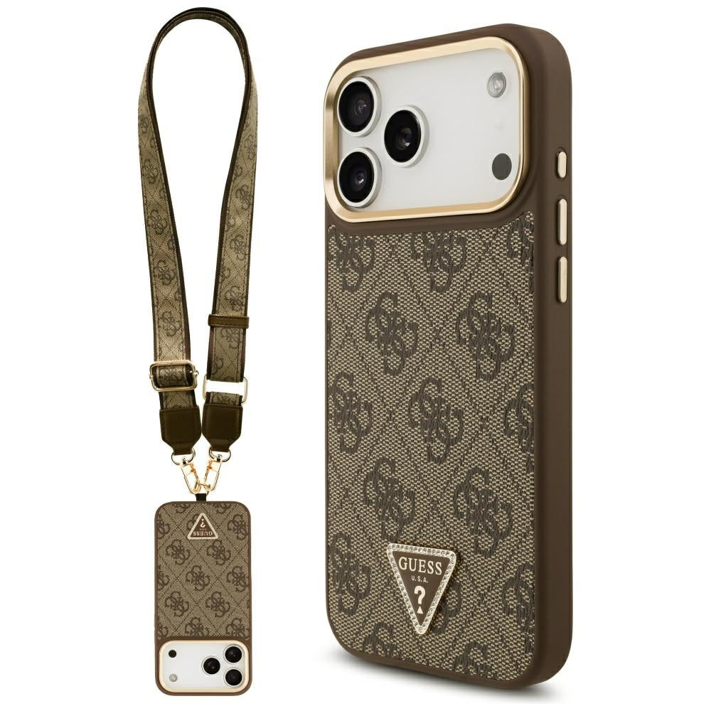 Husă Guess 4G Triangle Logo with Big Strap Metal Button MagSafe pentru iPhone 17 Pro Max – maro — imagine 1