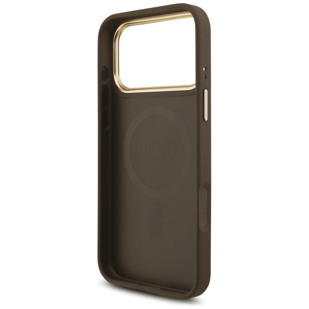 Husă Guess 4G Triangle Logo with Big Strap Metal Button MagSafe pentru iPhone 17 Pro Max – maro — imagine 4