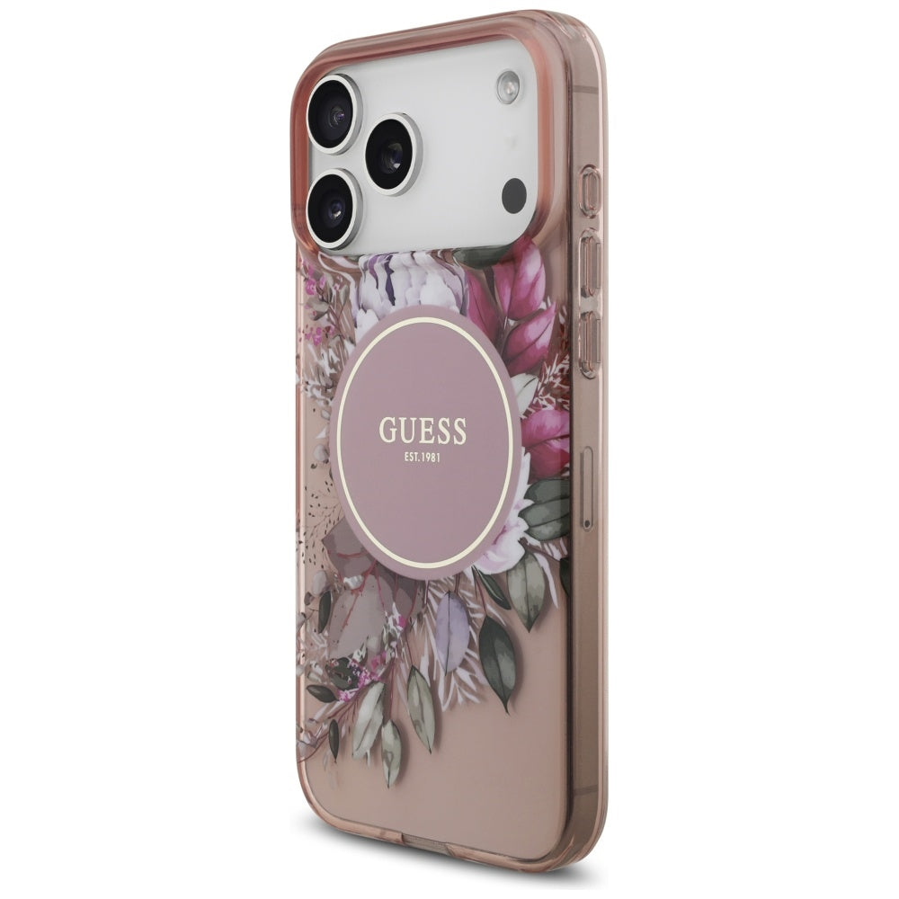 Husă Guess IML Flowers with Pearl Strap MagSafe pentru iPhone 17 Pro Max – roz — imagine 2