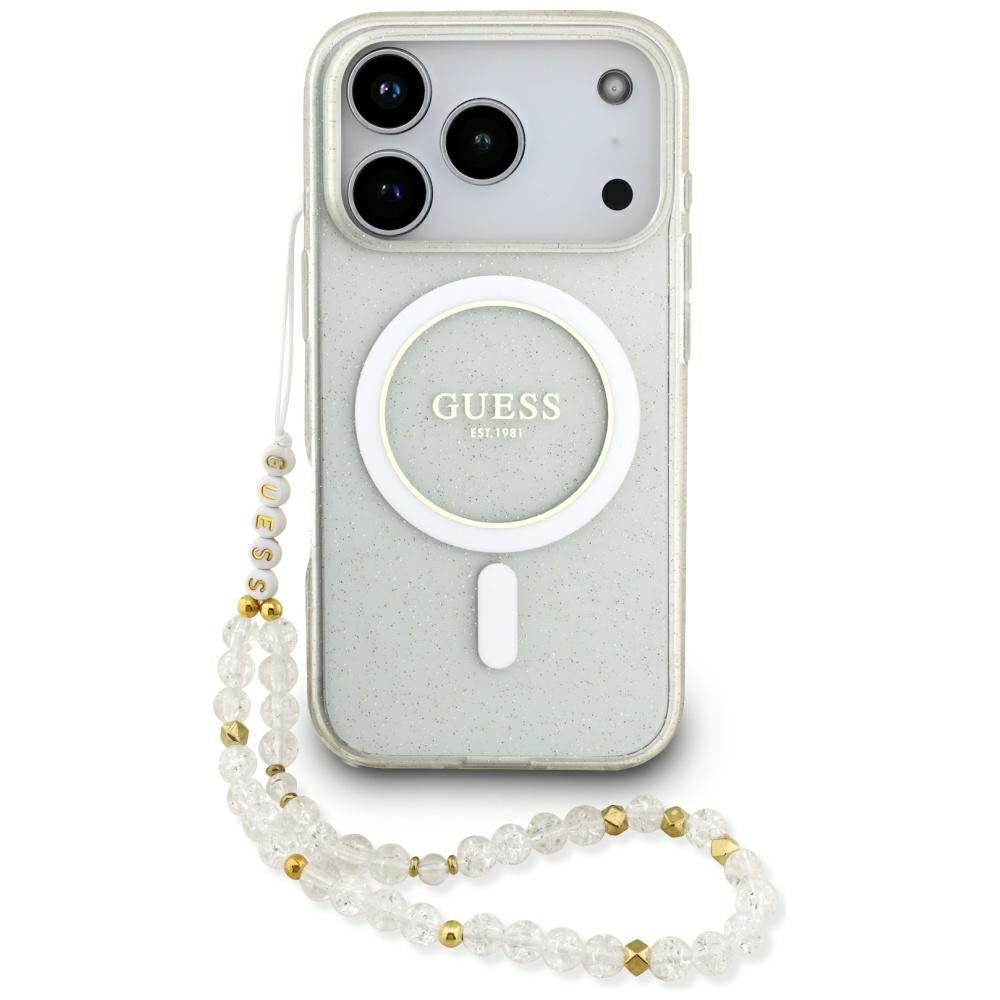 Husă Guess IML Glitter with Pearl Strap MagSafe pentru iPhone 17 Pro Max – transparent — imagine 1