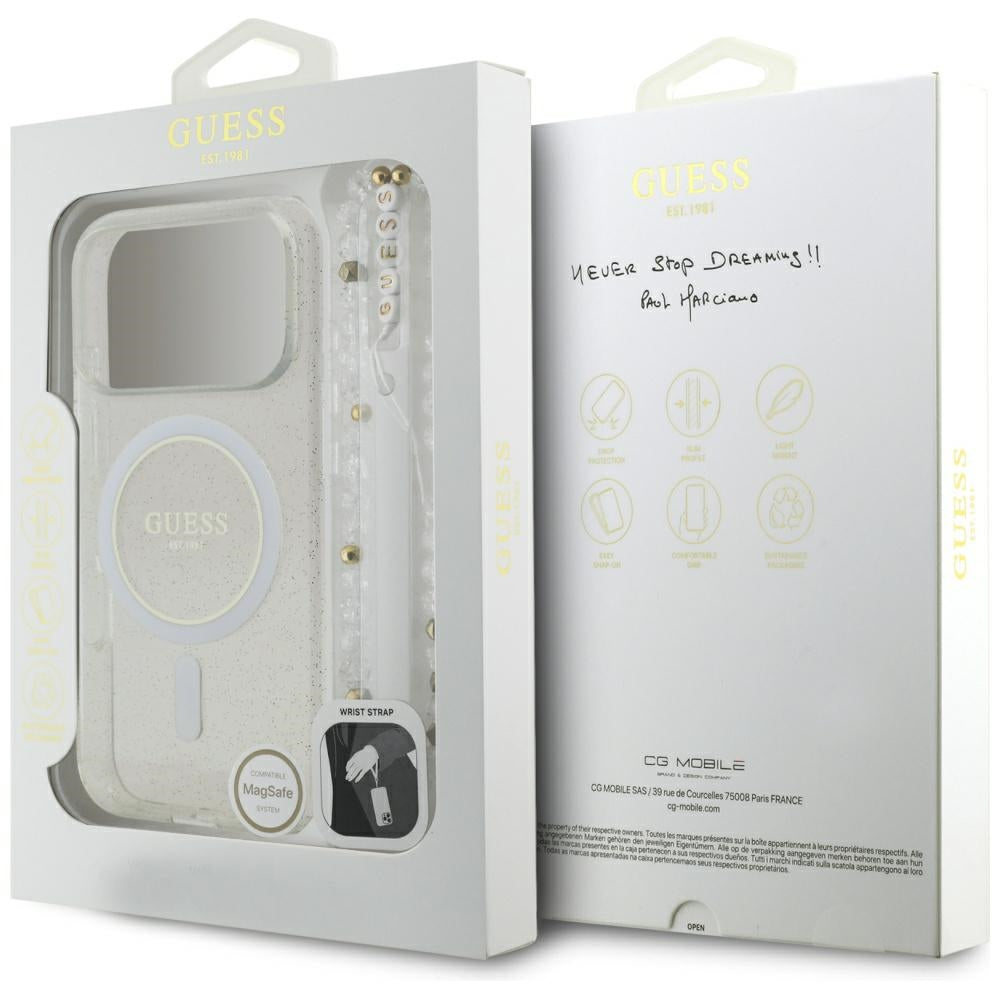 Husă Guess IML Glitter with Pearl Strap MagSafe pentru iPhone 17 Pro Max – transparent — imagine 7