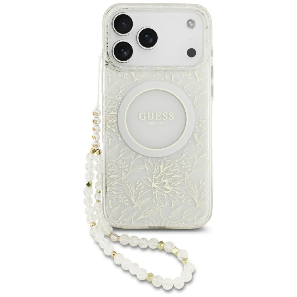 Husă Guess IML Flowers Allover Electroplated with Pearl Strap MagSafe pentru iPhone 17 Pro Max – alb — imagine 1