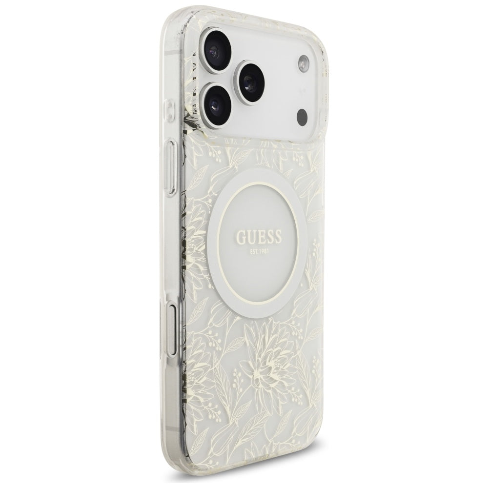 Husă Guess IML Flowers Allover Electroplated with Pearl Strap MagSafe pentru iPhone 17 Pro Max – alb — imagine 2