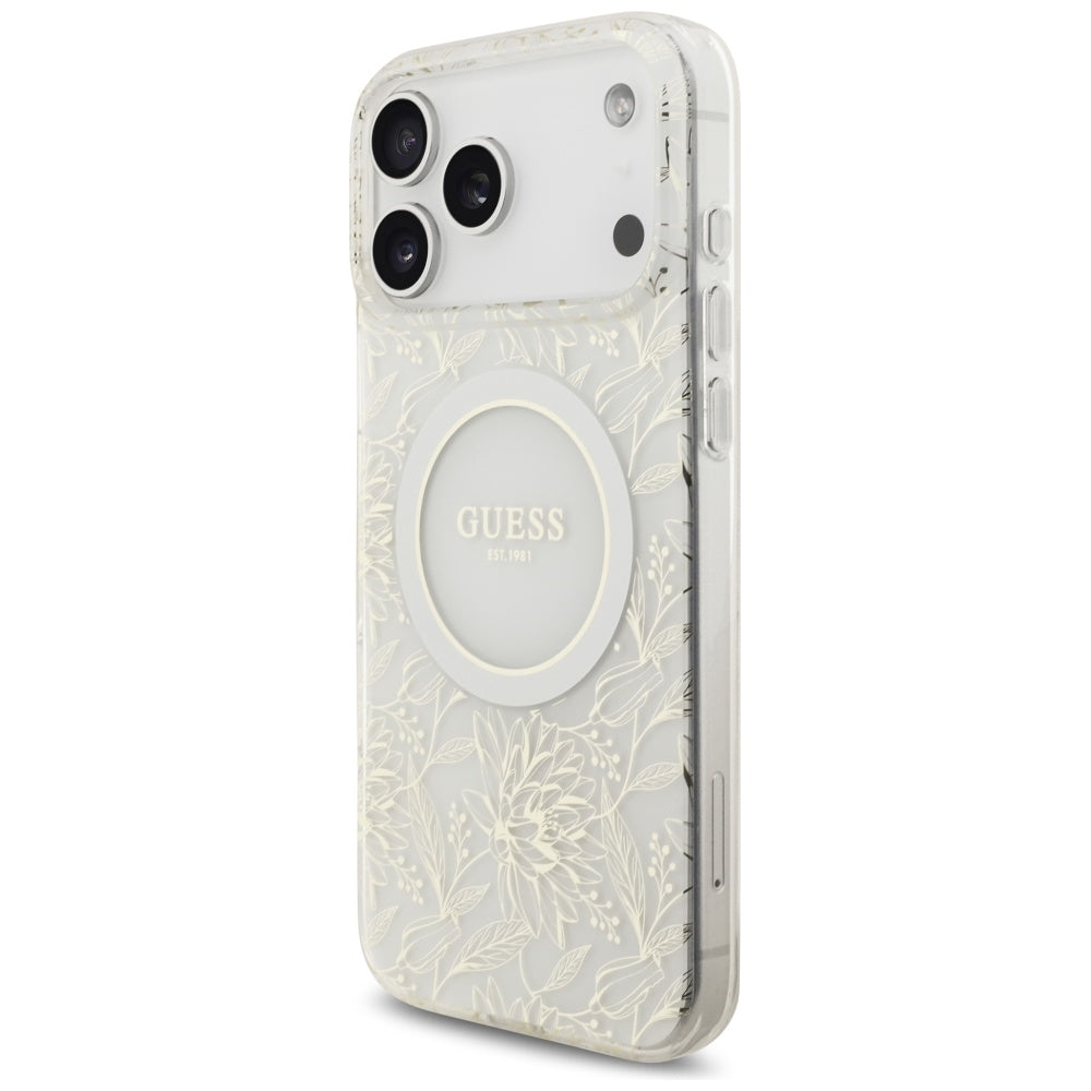 Husă Guess IML Flowers Allover Electroplated with Pearl Strap MagSafe pentru iPhone 17 Pro Max – alb — imagine 3
