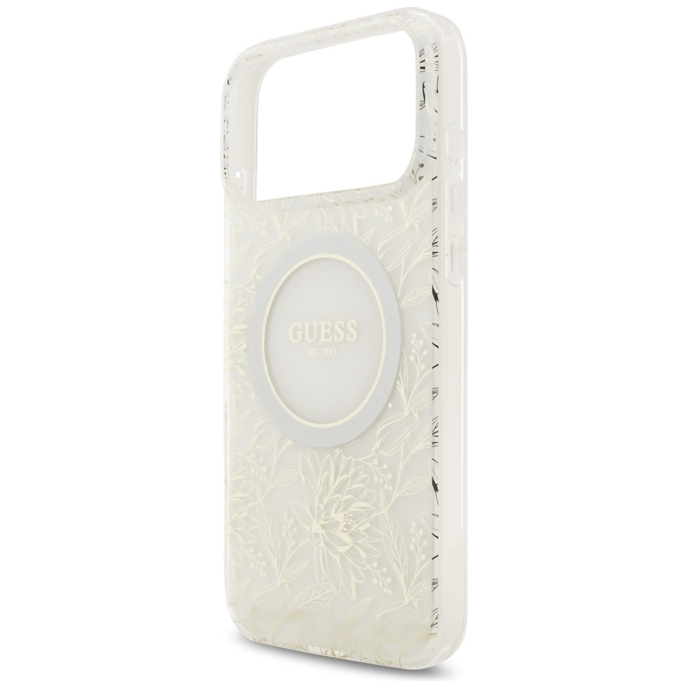 Husă Guess IML Flowers Allover Electroplated with Pearl Strap MagSafe pentru iPhone 17 Pro Max – alb — imagine 4