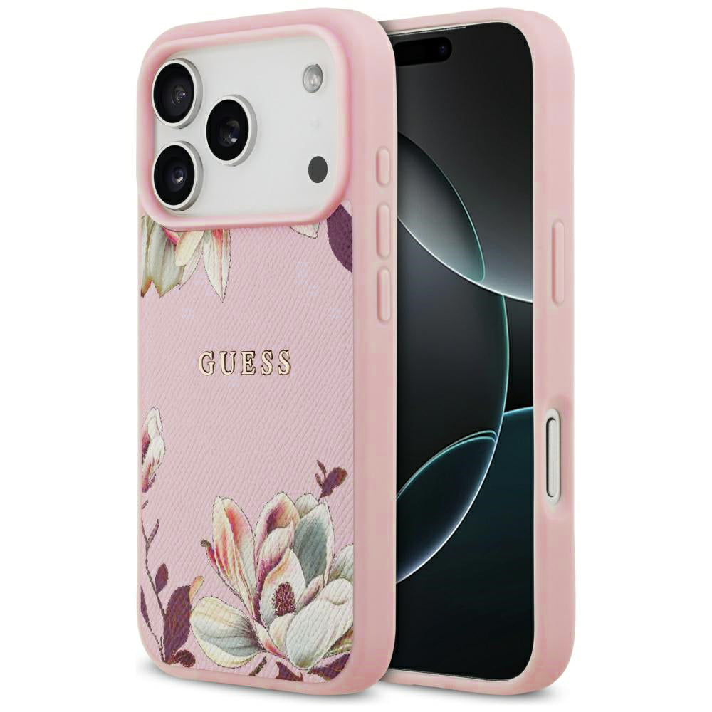 Husă Guess Grained Flowers MagSafe pentru iPhone 17 Pro Max – roz — imagine 1