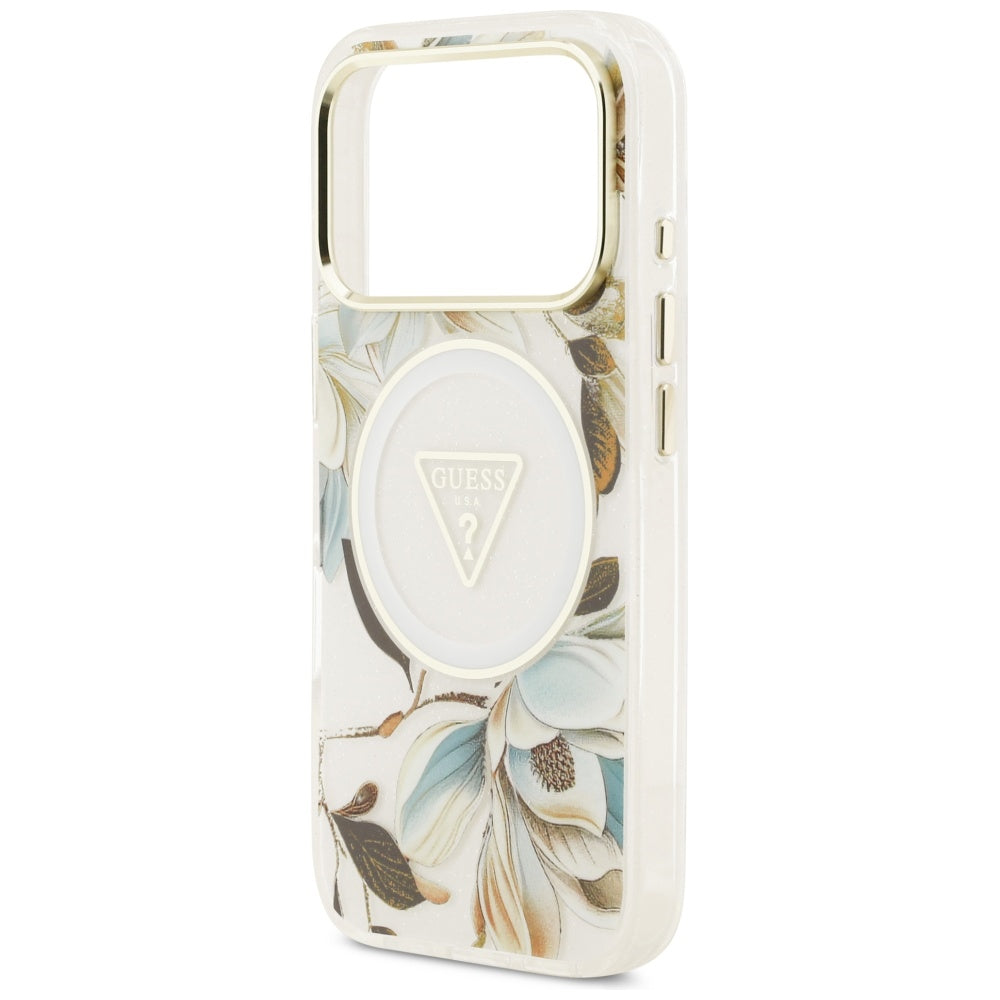 Husă Guess IML Metal Glitter Flowers Triangle MagSafe pentru iPhone 17 Pro Max – alb — imagine 2