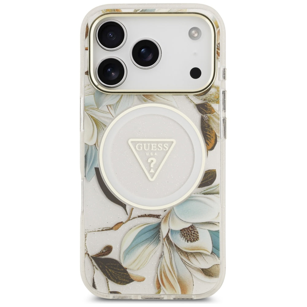 Husă Guess IML Metal Glitter Flowers Triangle MagSafe pentru iPhone 17 Pro Max – alb — imagine 4
