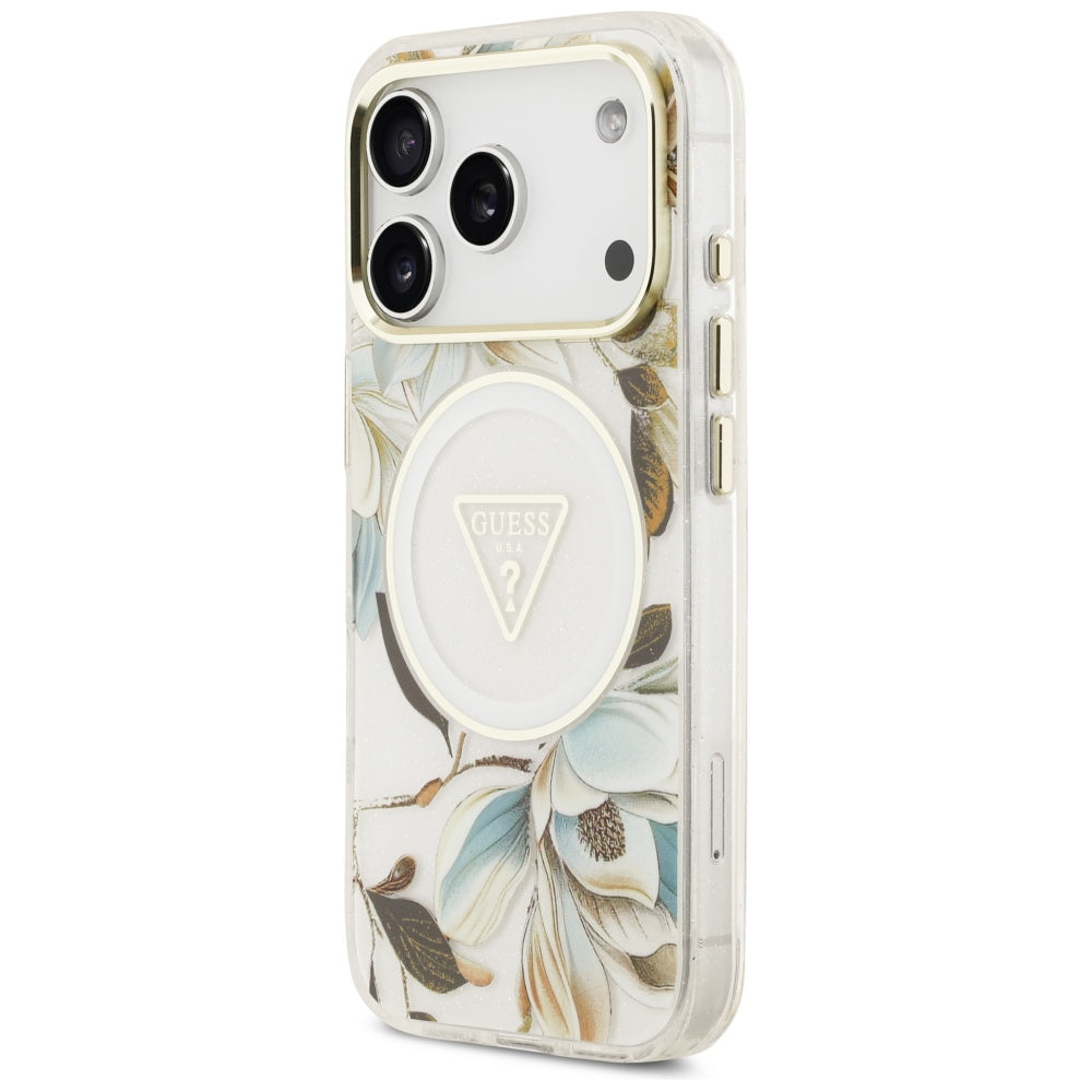 Husă Guess IML Metal Glitter Flowers Triangle MagSafe pentru iPhone 17 Pro Max – alb — imagine 6