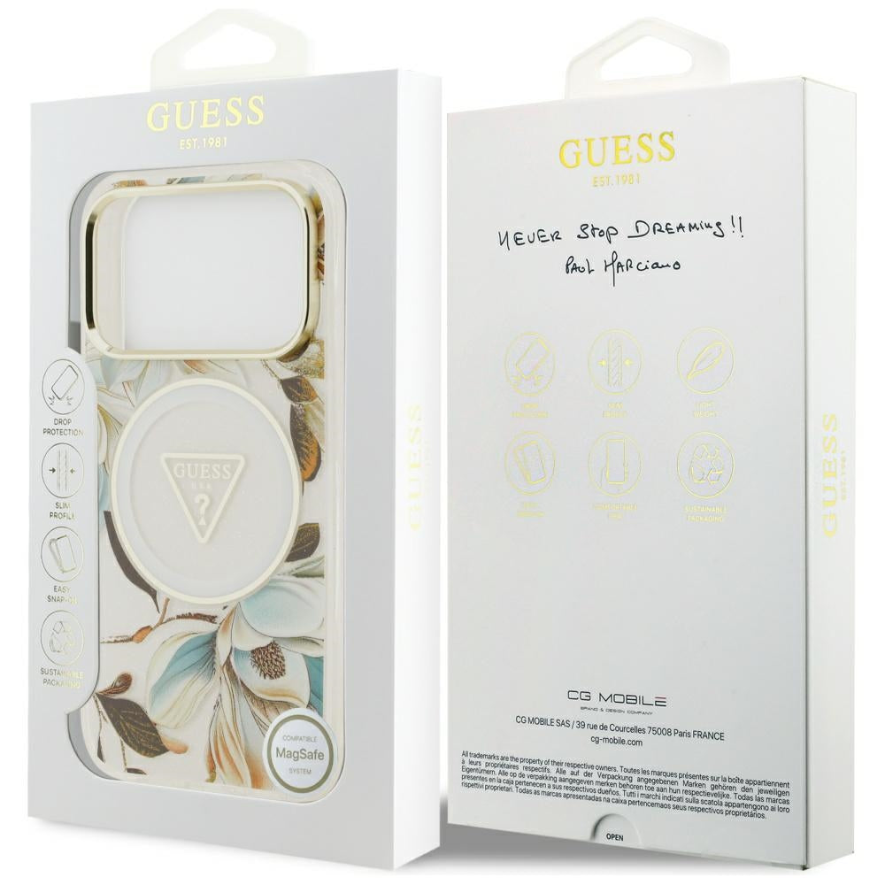 Husă Guess IML Metal Glitter Flowers Triangle MagSafe pentru iPhone 17 Pro Max – alb — imagine 7