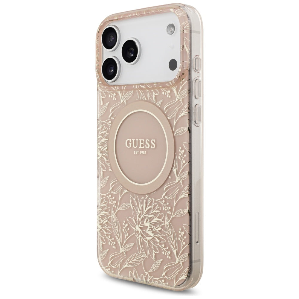 Husă Guess IML Flowers Allover Electroplated with Pearl Strap MagSafe pentru iPhone 17 Pro Max – roz — imagine 5