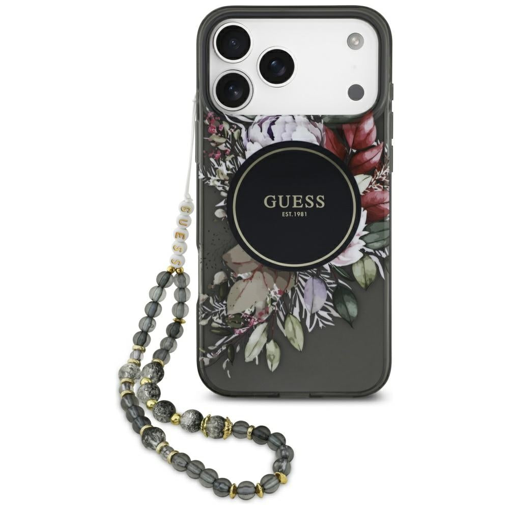 Husă Guess IML Flowers with Pearl Strap MagSafe pentru iPhone 17 Pro Max – negru — imagine 1