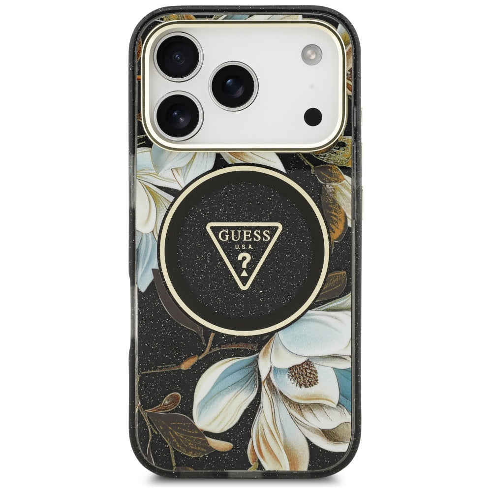 Husă Guess IML Metal Glitter Flowers Triangle MagSafe pentru iPhone 17 Pro Max – negru — imagine 2