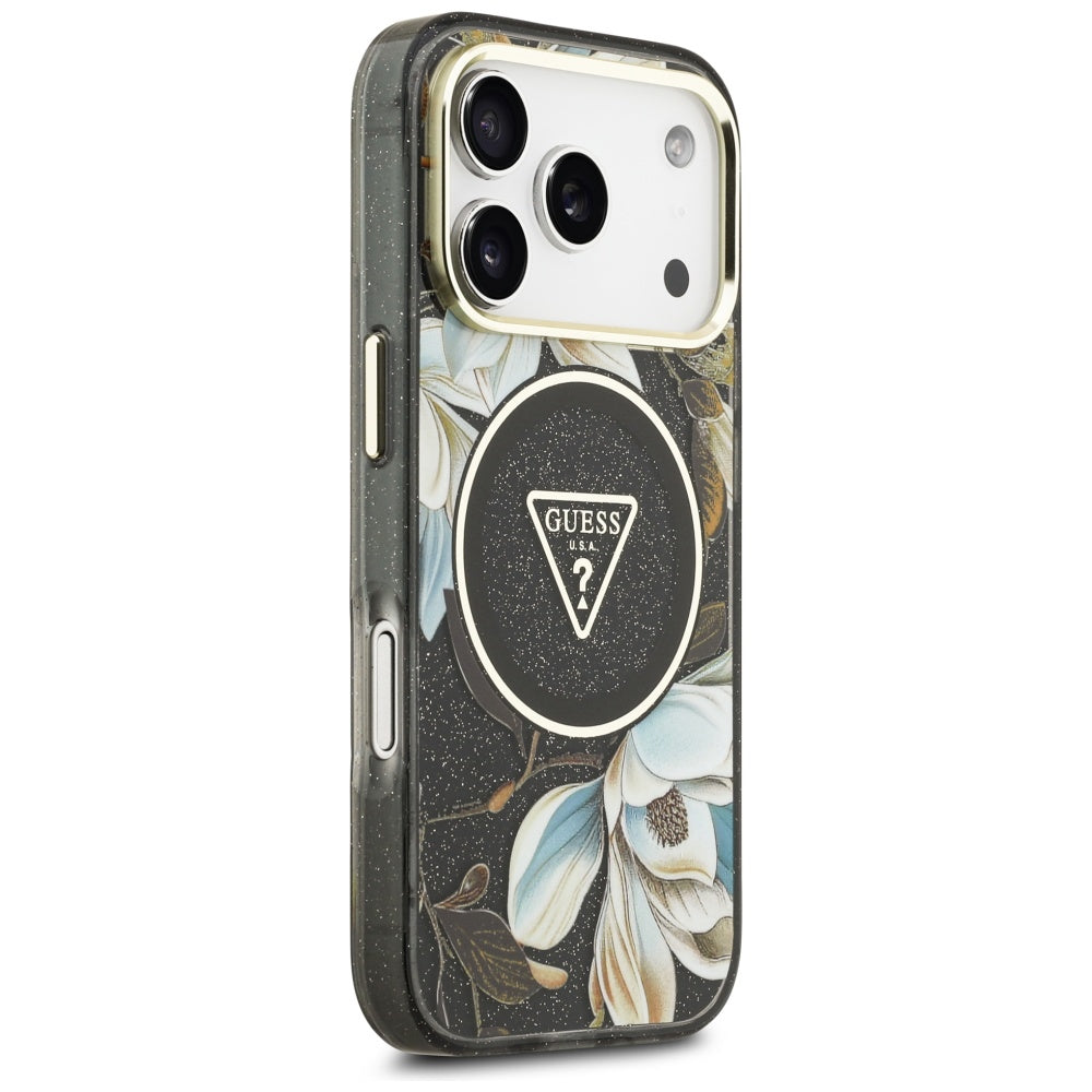 Husă Guess IML Metal Glitter Flowers Triangle MagSafe pentru iPhone 17 Pro Max – negru — imagine 3