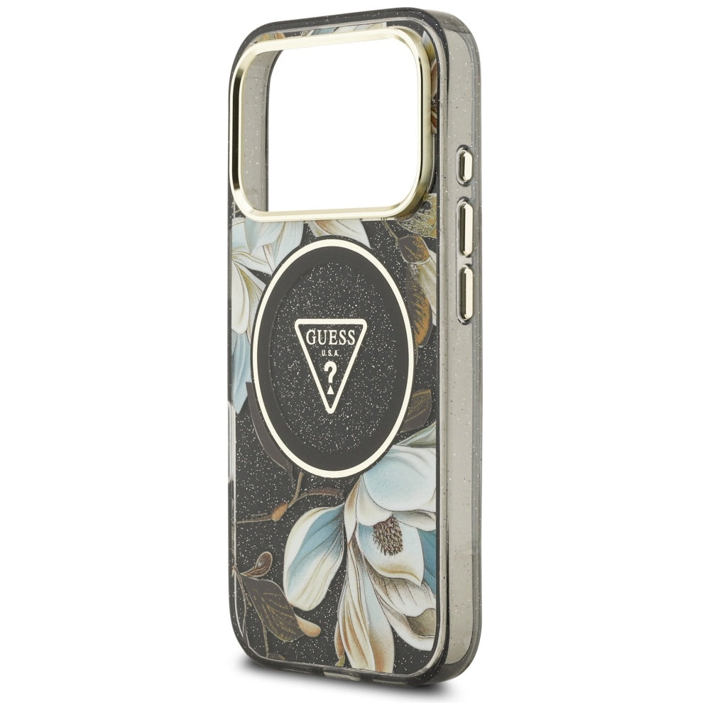 Husă Guess IML Metal Glitter Flowers Triangle MagSafe pentru iPhone 17 Pro Max – negru — imagine 5