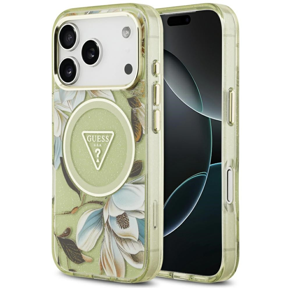 Husă Guess IML Metal Glitter Flowers Triangle MagSafe pentru iPhone 17 Pro Max – verde — imagine 1