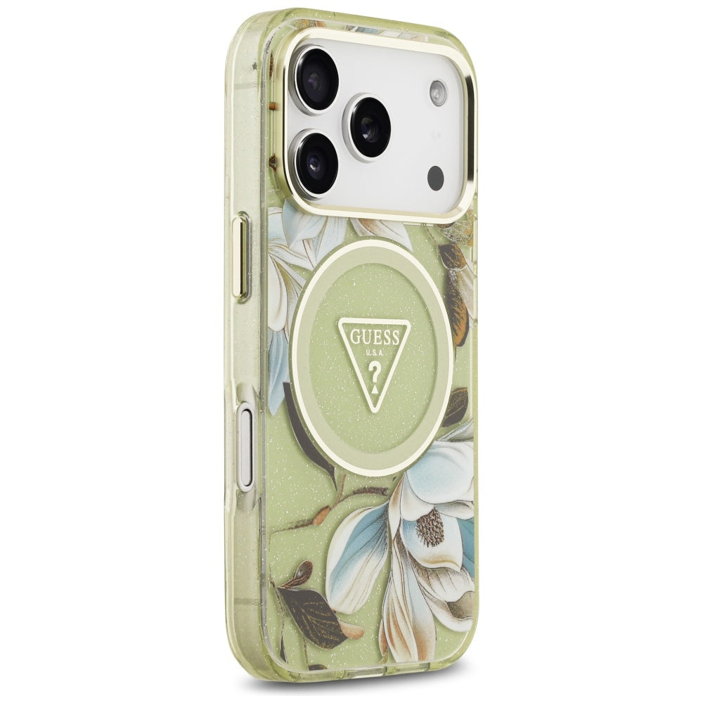Husă Guess IML Metal Glitter Flowers Triangle MagSafe pentru iPhone 17 Pro Max – verde — imagine 2