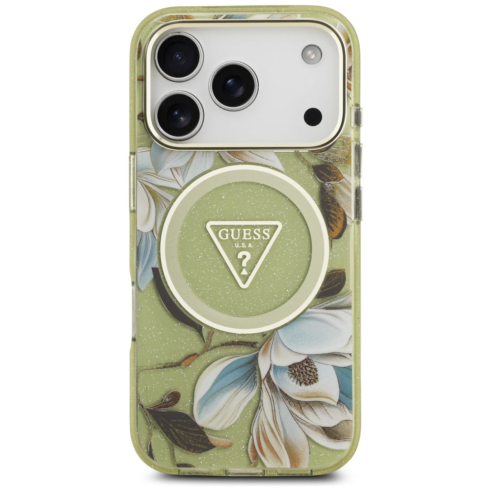 Husă Guess IML Metal Glitter Flowers Triangle MagSafe pentru iPhone 17 Pro Max – verde — imagine 3
