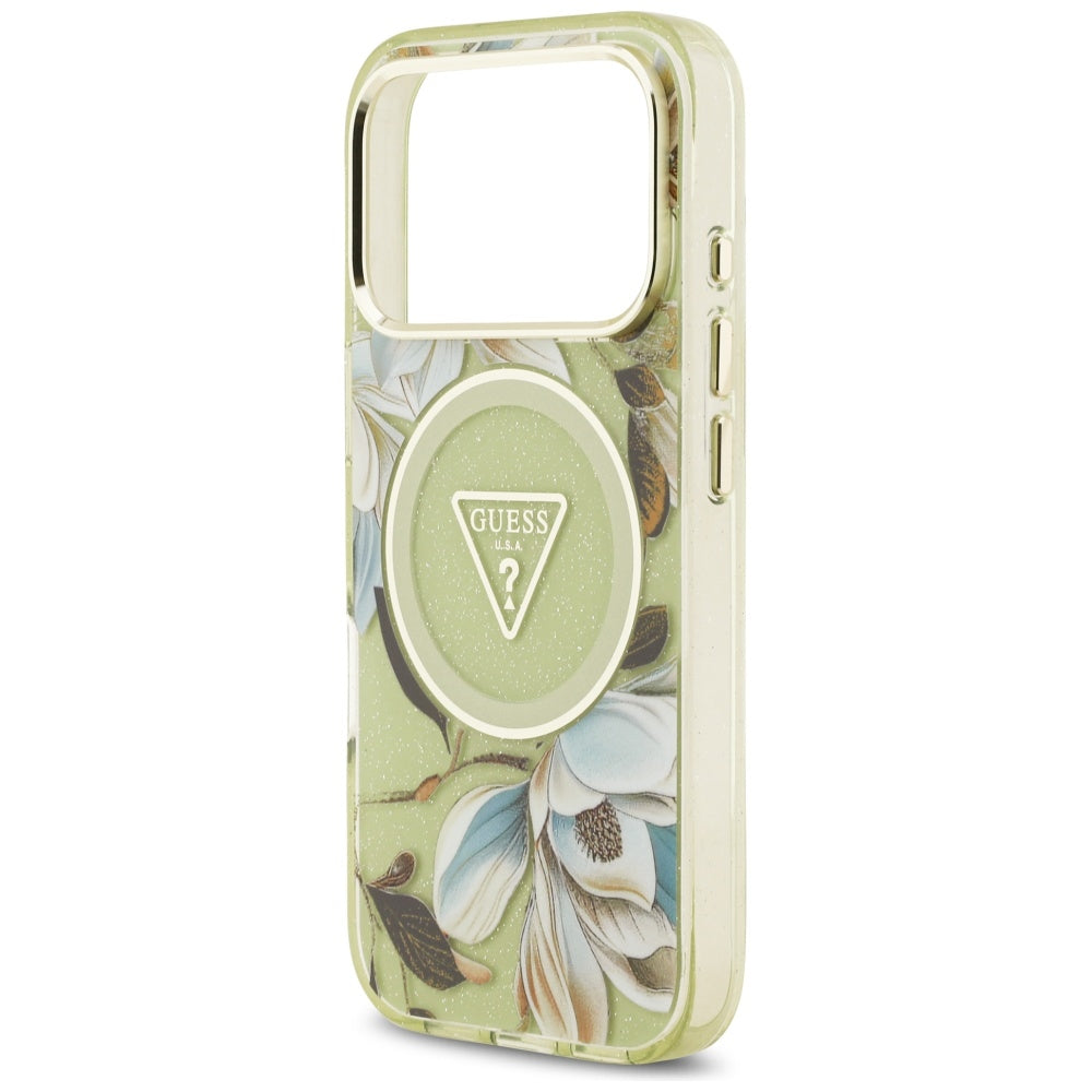 Husă Guess IML Metal Glitter Flowers Triangle MagSafe pentru iPhone 17 Pro Max – verde — imagine 5