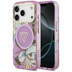 Husă Guess IML Glitter Flowers Triangle MagSafe pentru iPhone 17 Pro Max – mov — imagine 1
