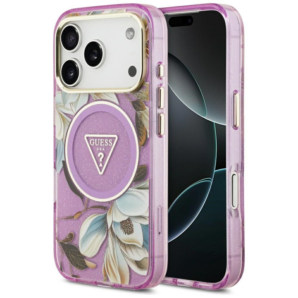 Husă Guess IML Glitter Flowers Triangle MagSafe pentru iPhone 17 Pro Max – mov — imagine 1