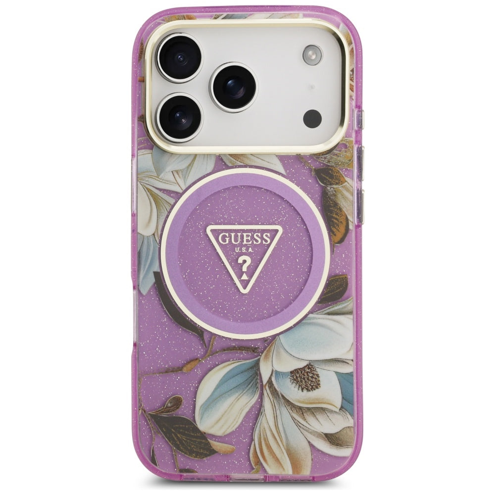 Husă Guess IML Glitter Flowers Triangle MagSafe pentru iPhone 17 Pro Max – mov — imagine 2