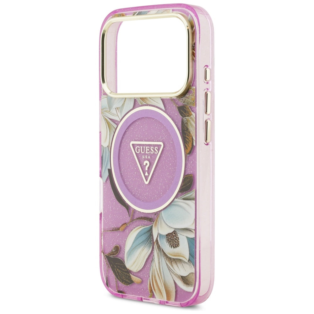 Husă Guess IML Glitter Flowers Triangle MagSafe pentru iPhone 17 Pro Max – mov — imagine 3