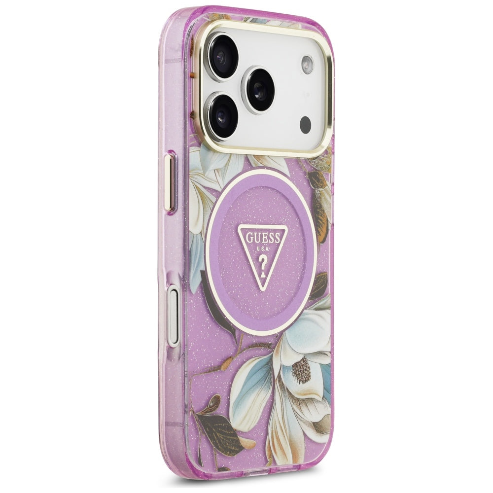 Husă Guess IML Glitter Flowers Triangle MagSafe pentru iPhone 17 Pro Max – mov — imagine 6