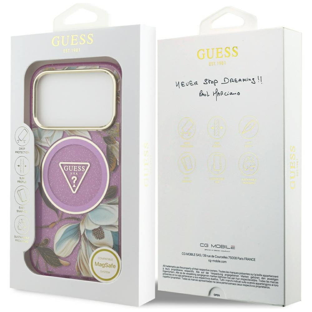 Husă Guess IML Glitter Flowers Triangle MagSafe pentru iPhone 17 Pro Max – mov — imagine 7