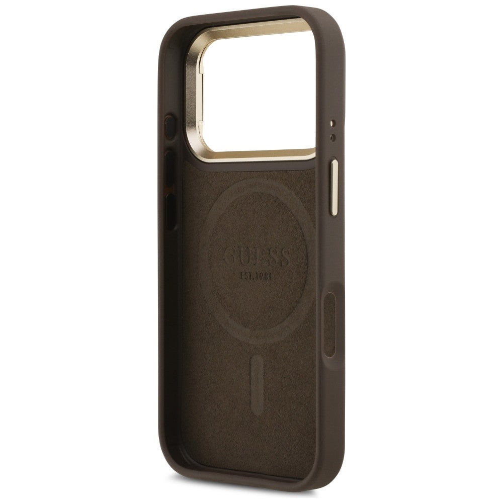Husă Guess Hardcase 4G Triangle Logo MagSafe with Stand Camera pentru iPhone 17 Pro Max – maro — imagine 5
