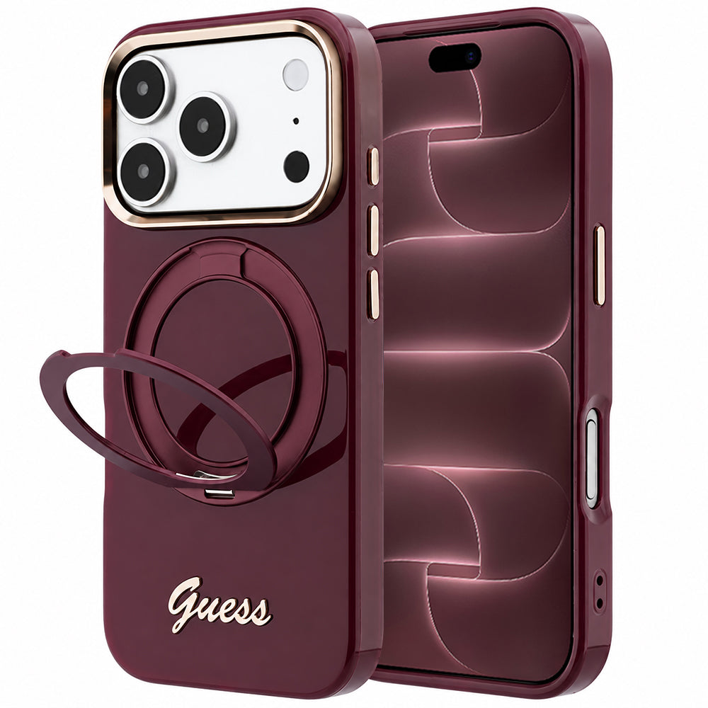 Husă Guess Ring Stand Script Metal Logo MagSafe pentru iPhone 17 Pro Max – burgundy — imagine 1