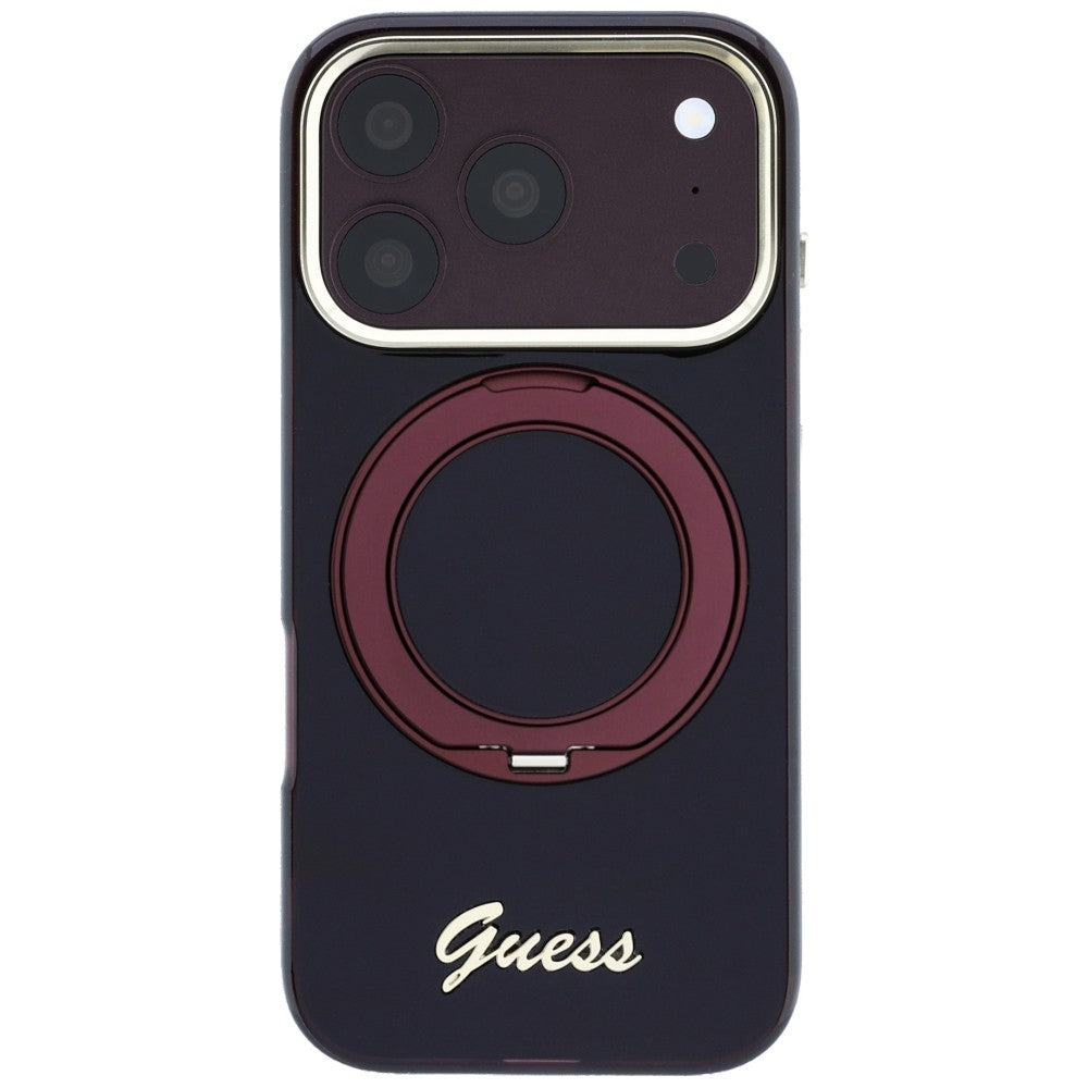 Husă Guess Ring Stand Script Metal Logo MagSafe pentru iPhone 17 Pro Max – burgundy — imagine 3