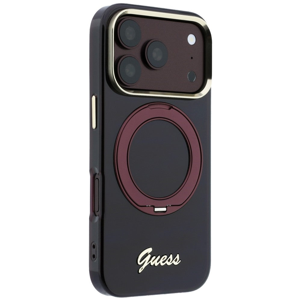 Husă Guess Ring Stand Script Metal Logo MagSafe pentru iPhone 17 Pro Max – burgundy — imagine 4