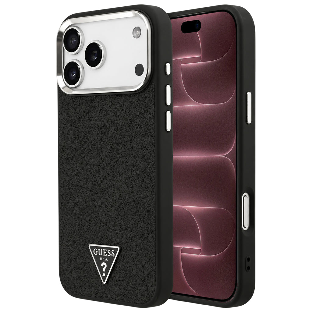 Husă Guess Glitter Triangle Logo MagSafe pentru iPhone 17 Pro Max – negru (GUHMP18XPFGTSCMK) — imagine 1