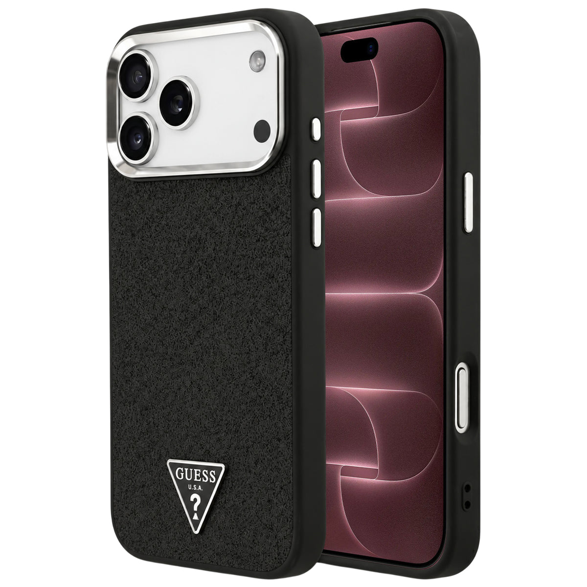 Husă Guess Glitter Triangle Logo MagSafe pentru iPhone 17 Pro Max – negru (GUHMP18XPFGTSCMK) — imagine 1